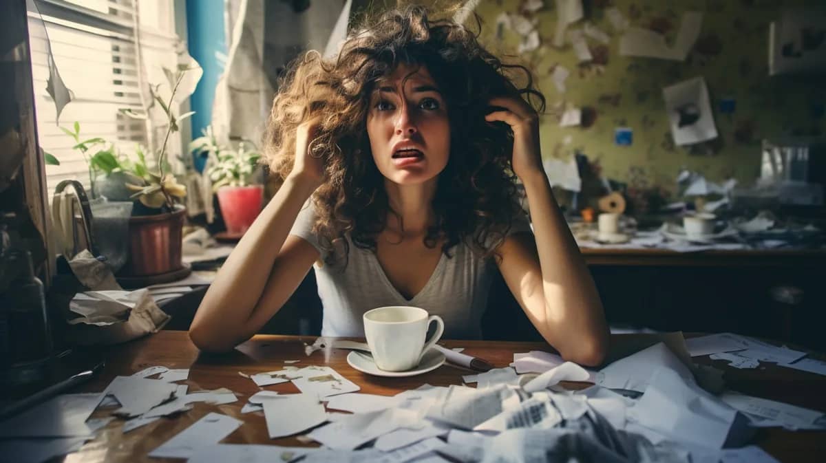 A woman struggling with overwhelm sat in the kitchen surrounded by paperwork in the morning