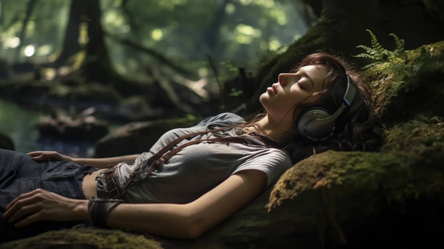 A girl sleeping in forrest with headphone listening to deep sleep meditation