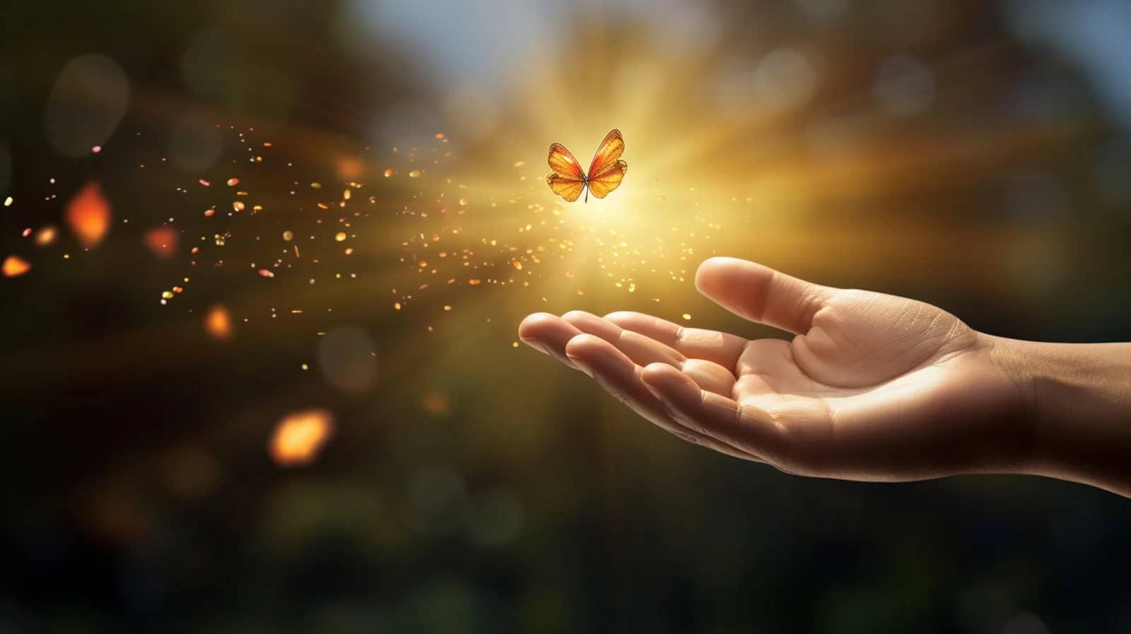 change my luck – hand opening out with a butterfly surrounded by light