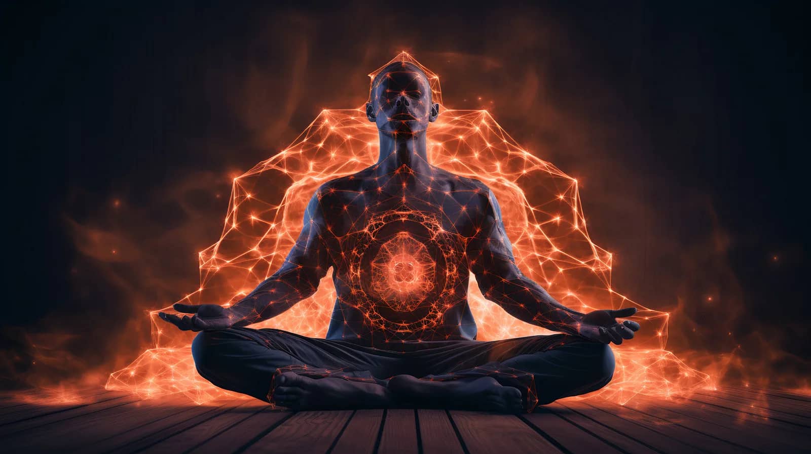 a person with a boosted meditation and the immune system sat meditating with red glowing orbs all around them
