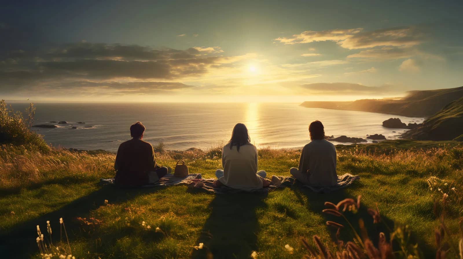 A small group meditating on a grass bank with the sea in the background