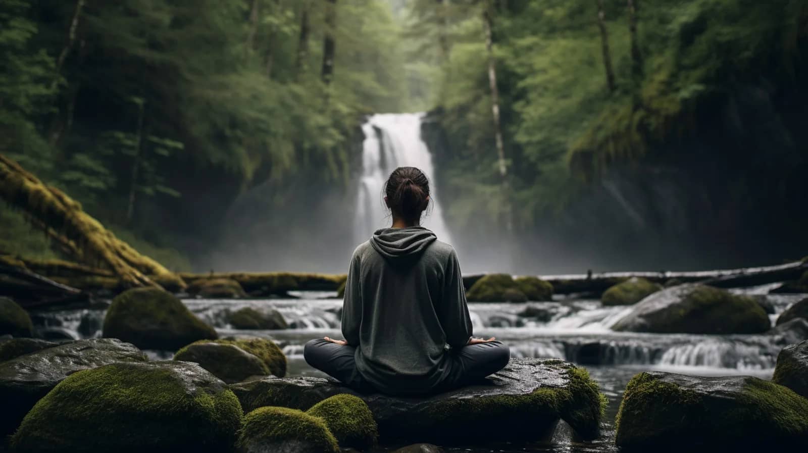 A photograph of someone meditating mindfully next to a small waterfall in nature