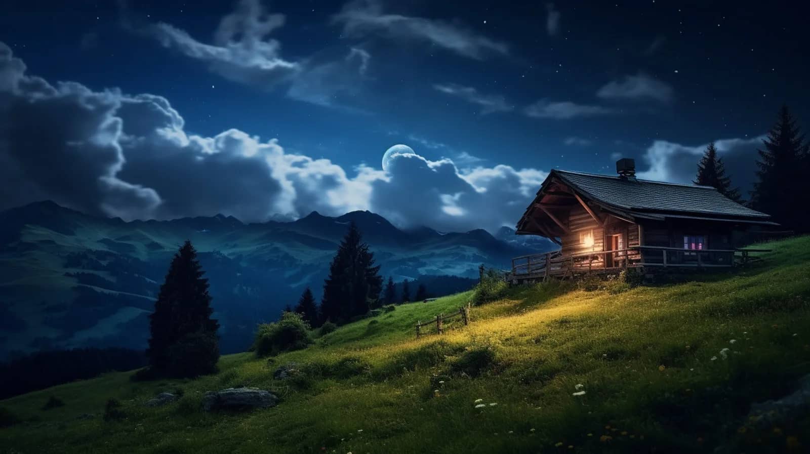 Log cabin night time Swiss mountains deep sleep meditation