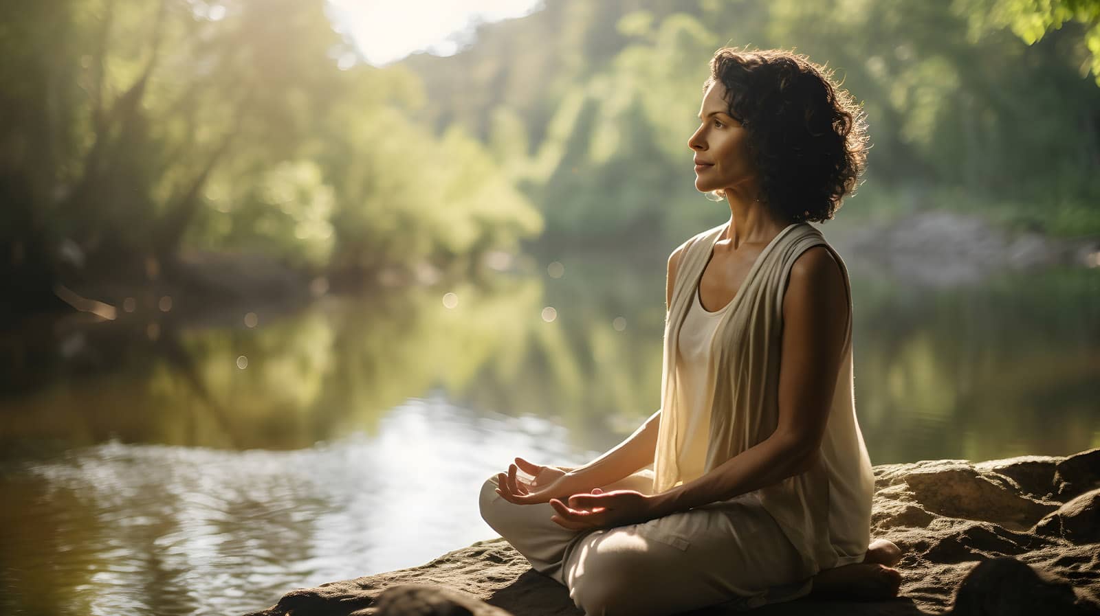 guided meditation for busy minds Woman sat mindfully meditating next to a river