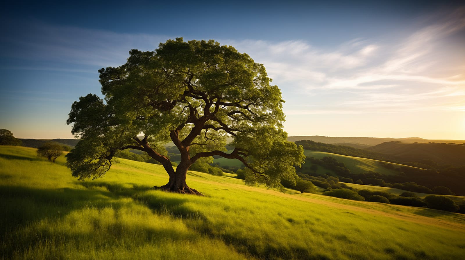 Resilient and confident Oaktree sat on the side of a hill confident meditation