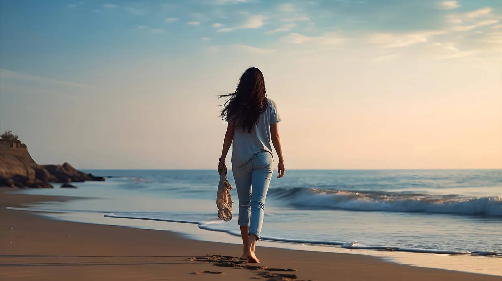 Stress to Calm Guided Meditation Woman Walking along the Beach BarefootImage jpg