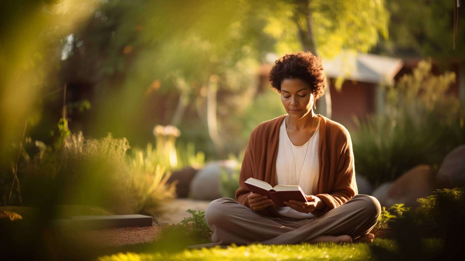 Woman in a 40s reading peacefully in the garden mind over matter building emotional strength