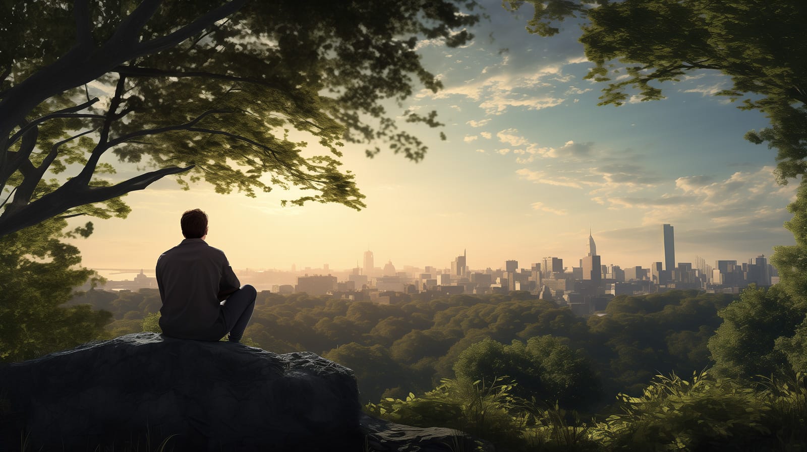 A middle aged man sat on top of a rock looking out over a city in deep thought