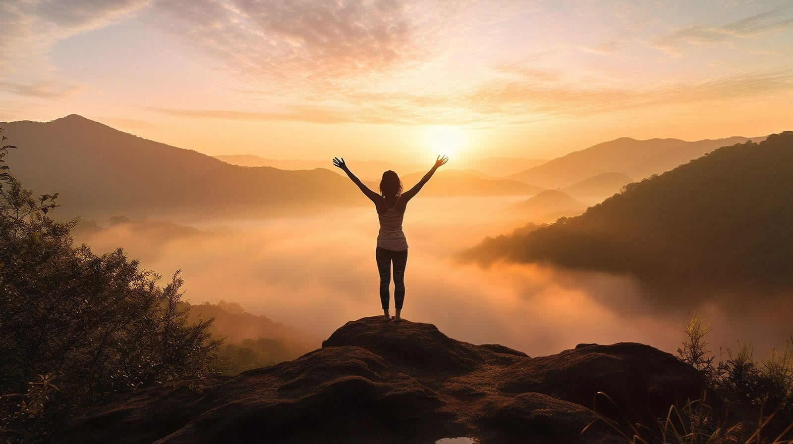 A woman with her arms in the air looking out over at the sunrise after a guided meditation