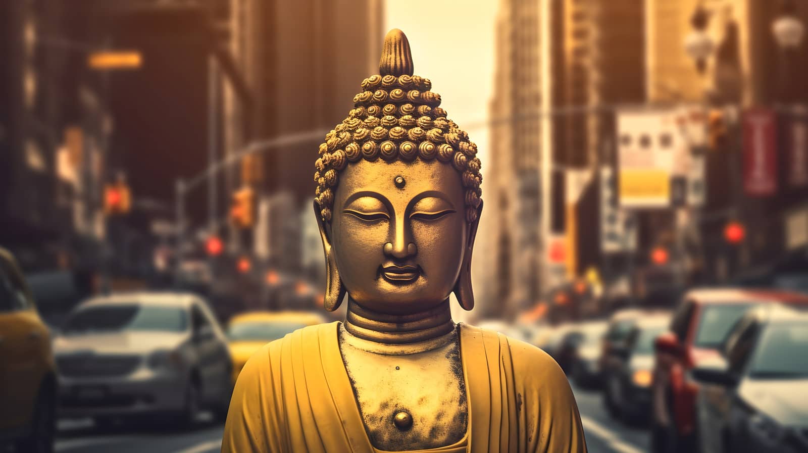 Image of a Buddha statue on a busy New York Street quiet the mind