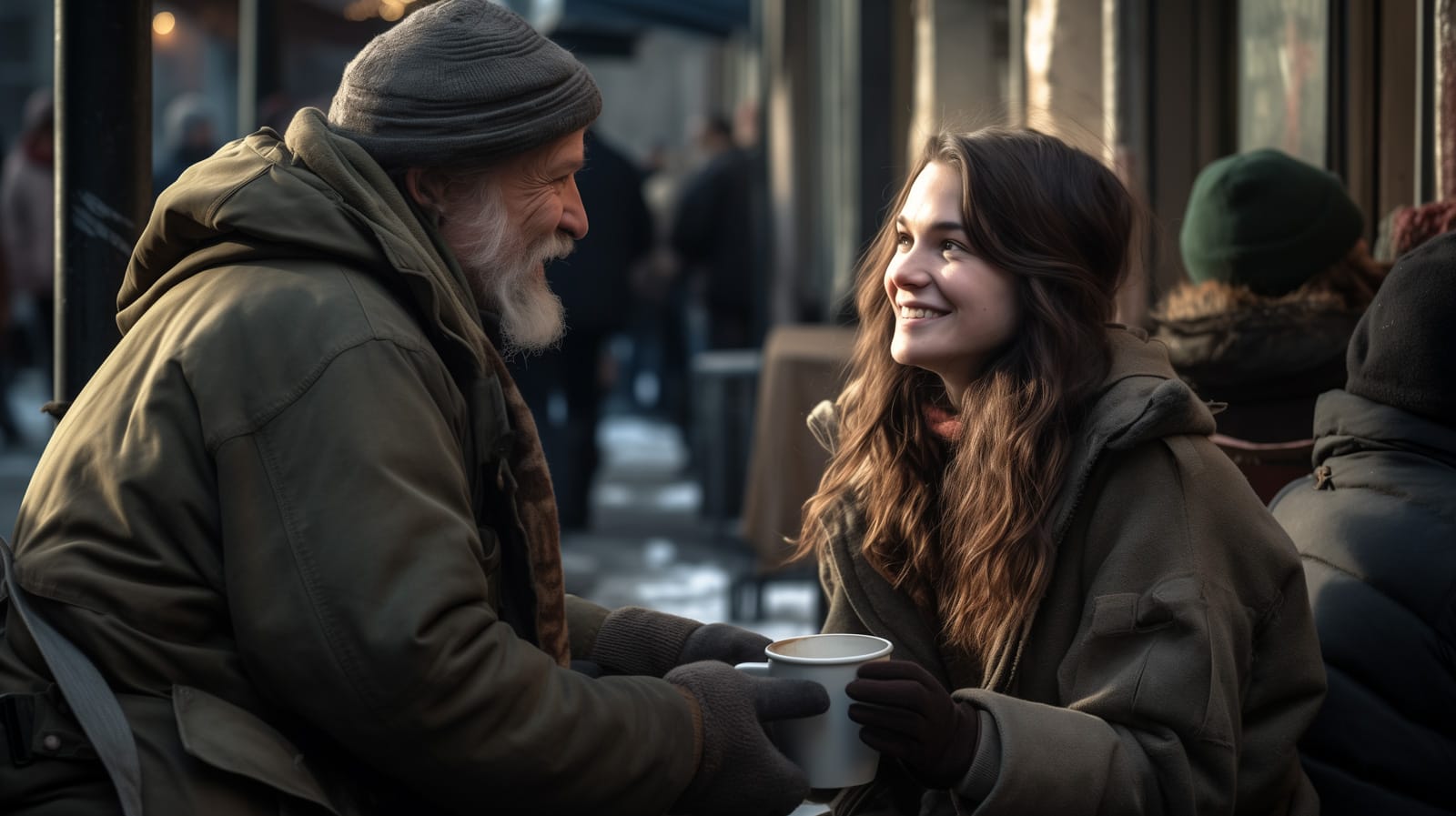 A picture of a girl handing a warm cup of coffee to a homeless guy showing compassion vs empathy