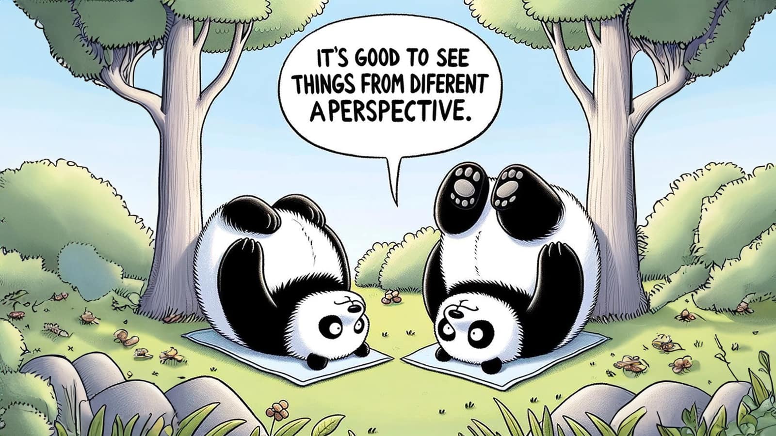 It is good to see things differently to pandas cartoon looking at the world upside down