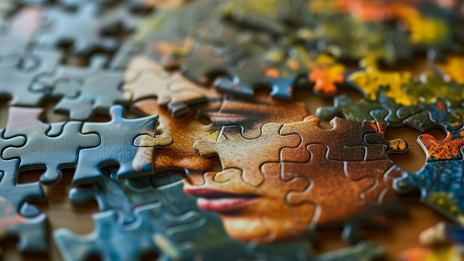 a woman's face in a jigsaw becoming whole