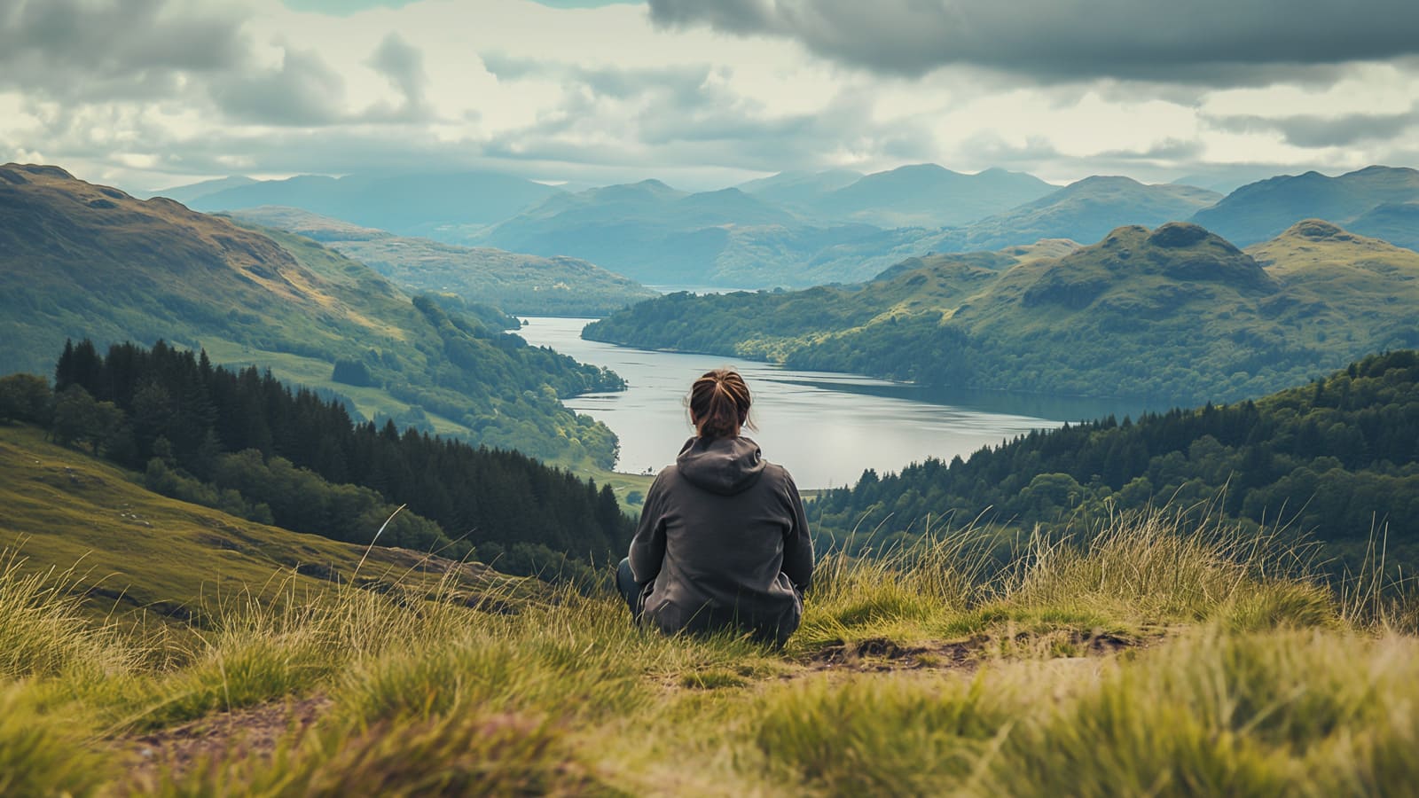 woman sat on the top of the hill looking down over valley thinking positively