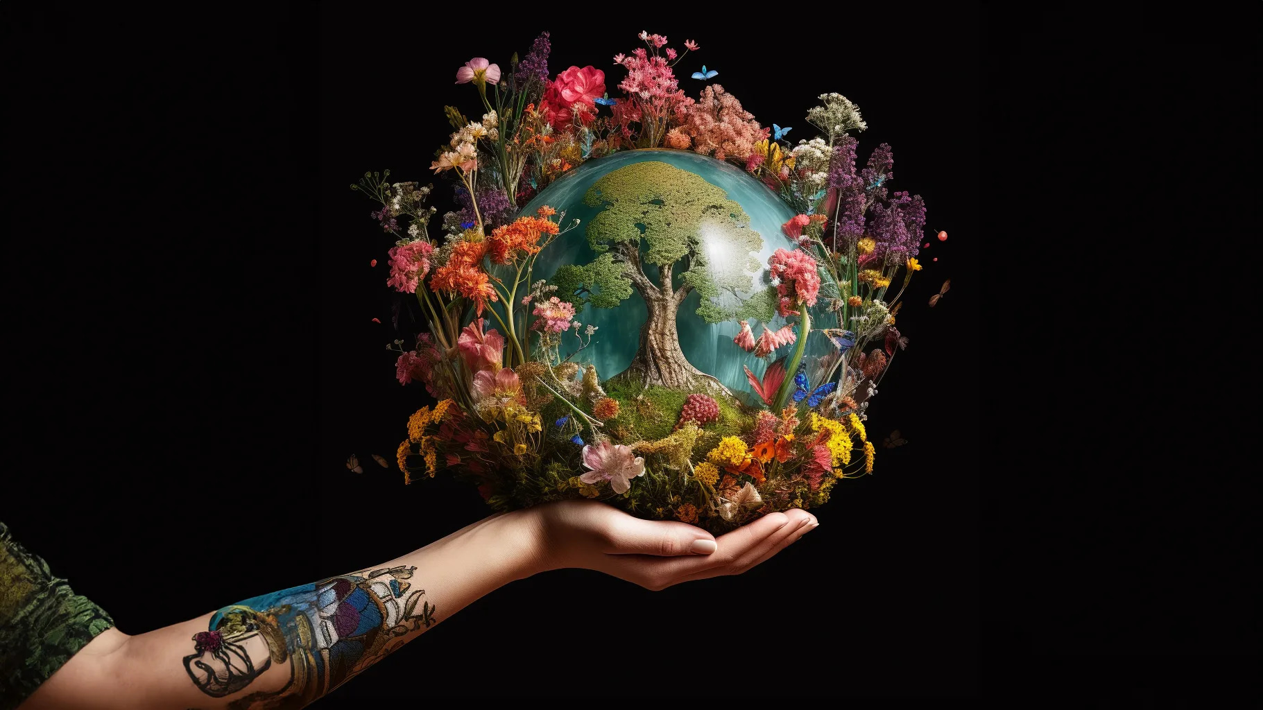 World globe holding in the hand with lots of flowers and trees