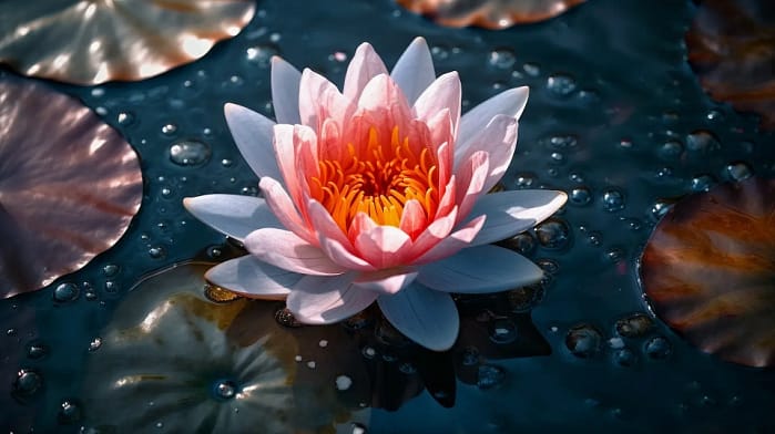 a beautiful lotus flower opening on a pond
