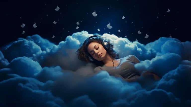 Girl sleeping with headphones on a big cloud