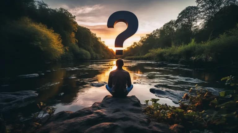 Why meditate? A person meditating sat next to a river with a large ? Above their head