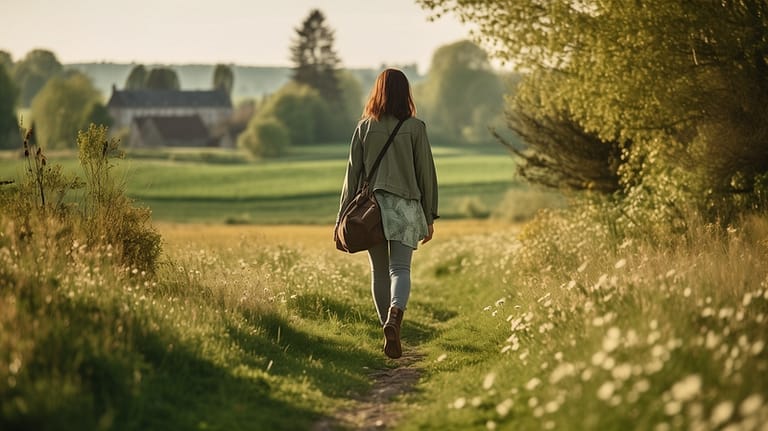 A woman walking mindfully in the countryside