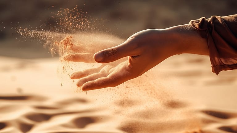 Letting Go the Zen Way – man hand letting go of sand in a hot area of the beachImage