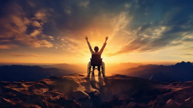 A person in a wheelchair holding their arms up