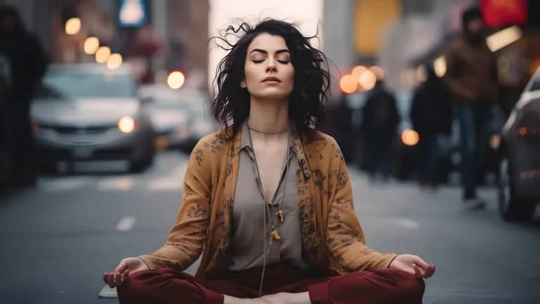 Woman meditating in the middle of a busy street meditation techniques